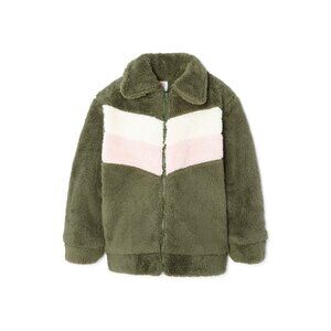 Wonder Nation Girls’ Plush Pink & Green Winter Bomber Jacket – Soft, Warm Size M